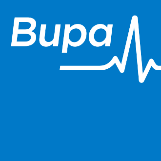 Bupa logo with a heart rate monitor line on a blue background