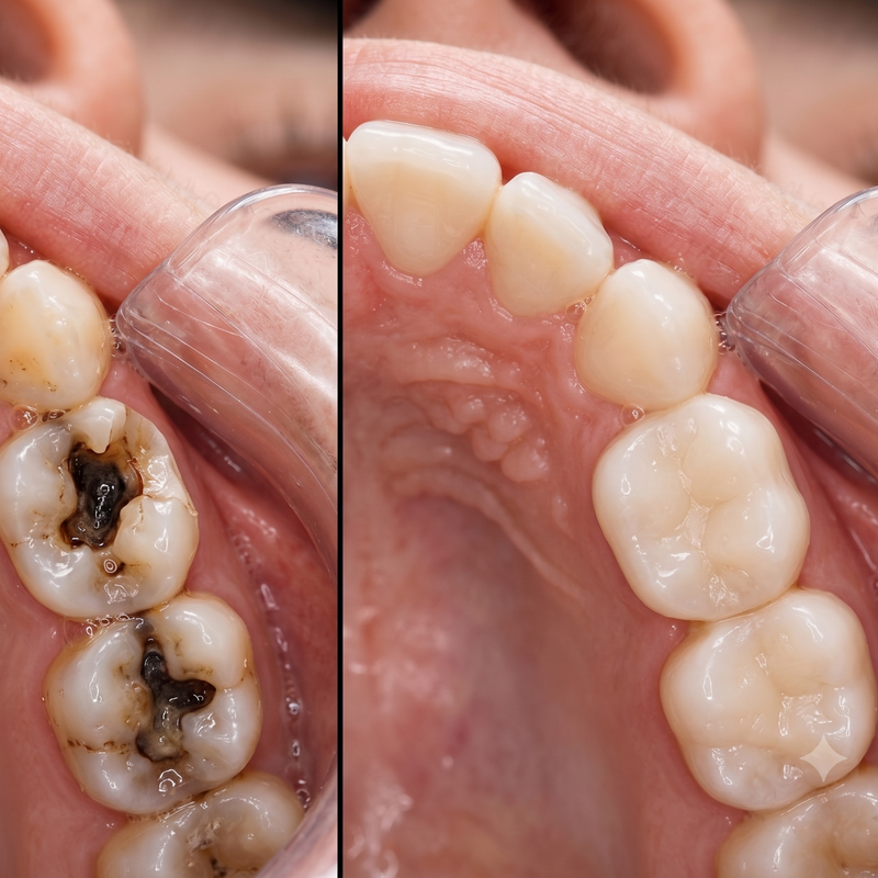 Before and after comparison of dental treatment on a patient's teeth.