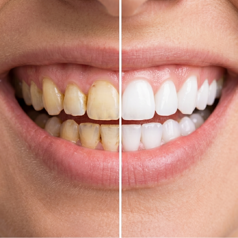 Before and after comparison of teeth whitening on a person's mouth.
