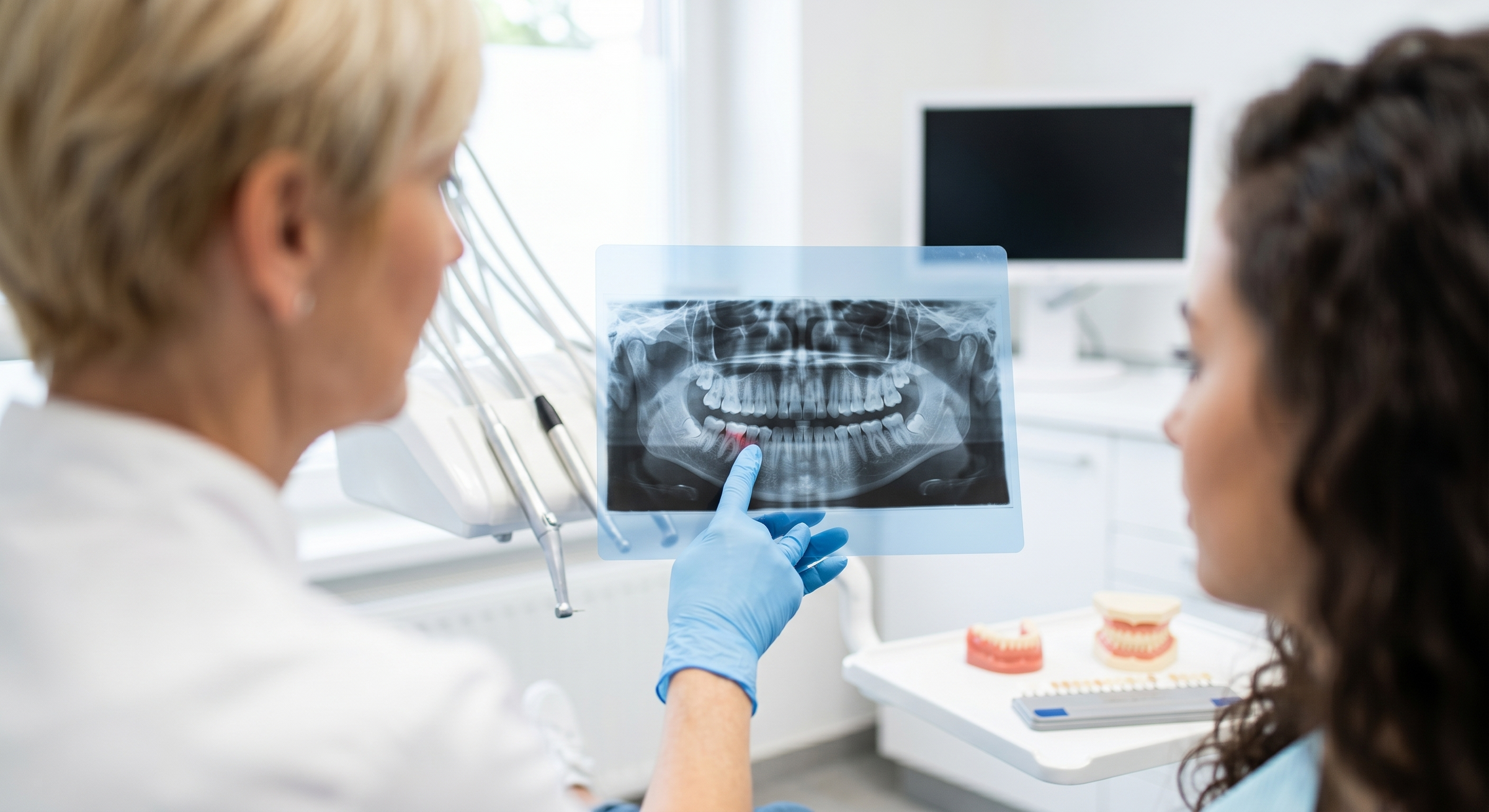 Dentist showing a dental X-ray to a patient in a clinical setting.