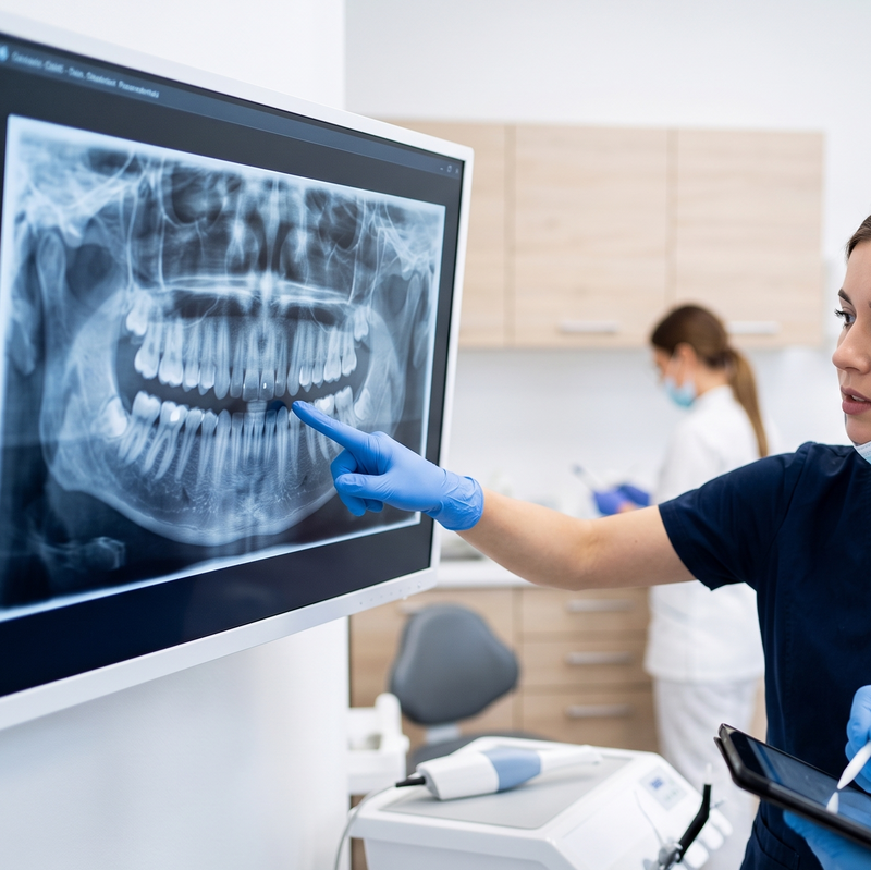 Two dental professionals examining a patient's dental X-ray in a clinic.