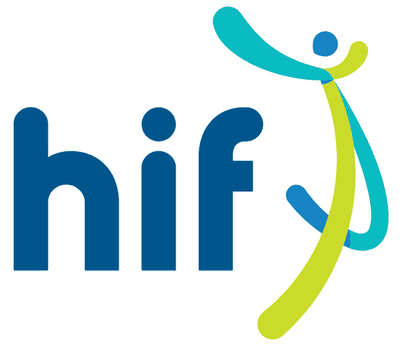 Logo of HIF with blue and green abstract shapes on a white background
